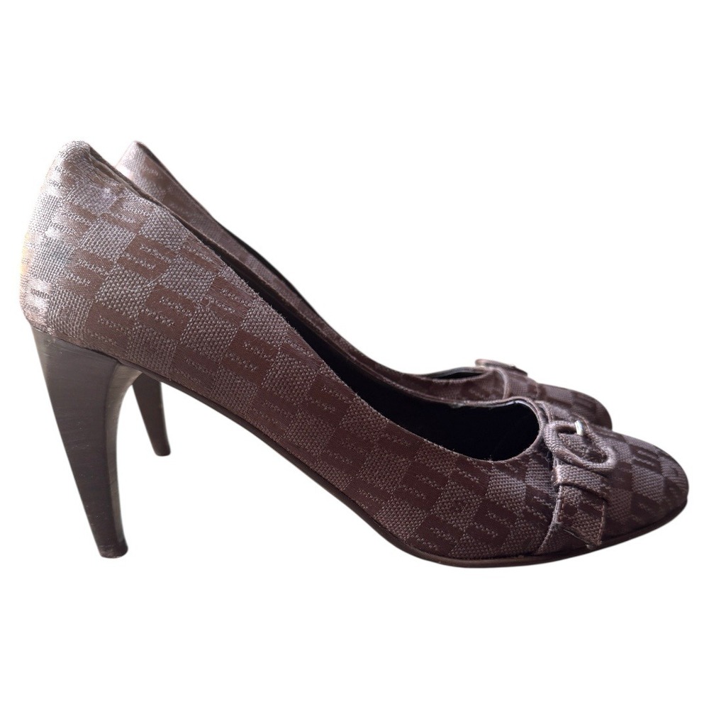 Sisley Brown Monogram Fabric Heels Pumps Buckle Accents Made in Italy size‎ 39
